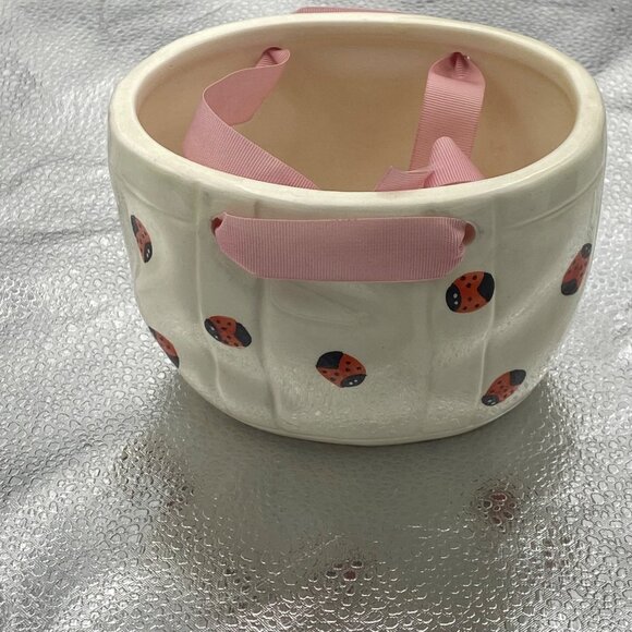 Hand-Painted Ceramic Planter Ladybug Basket White Pink Ribbon Handles Candy Dish - Picture 5 of 9